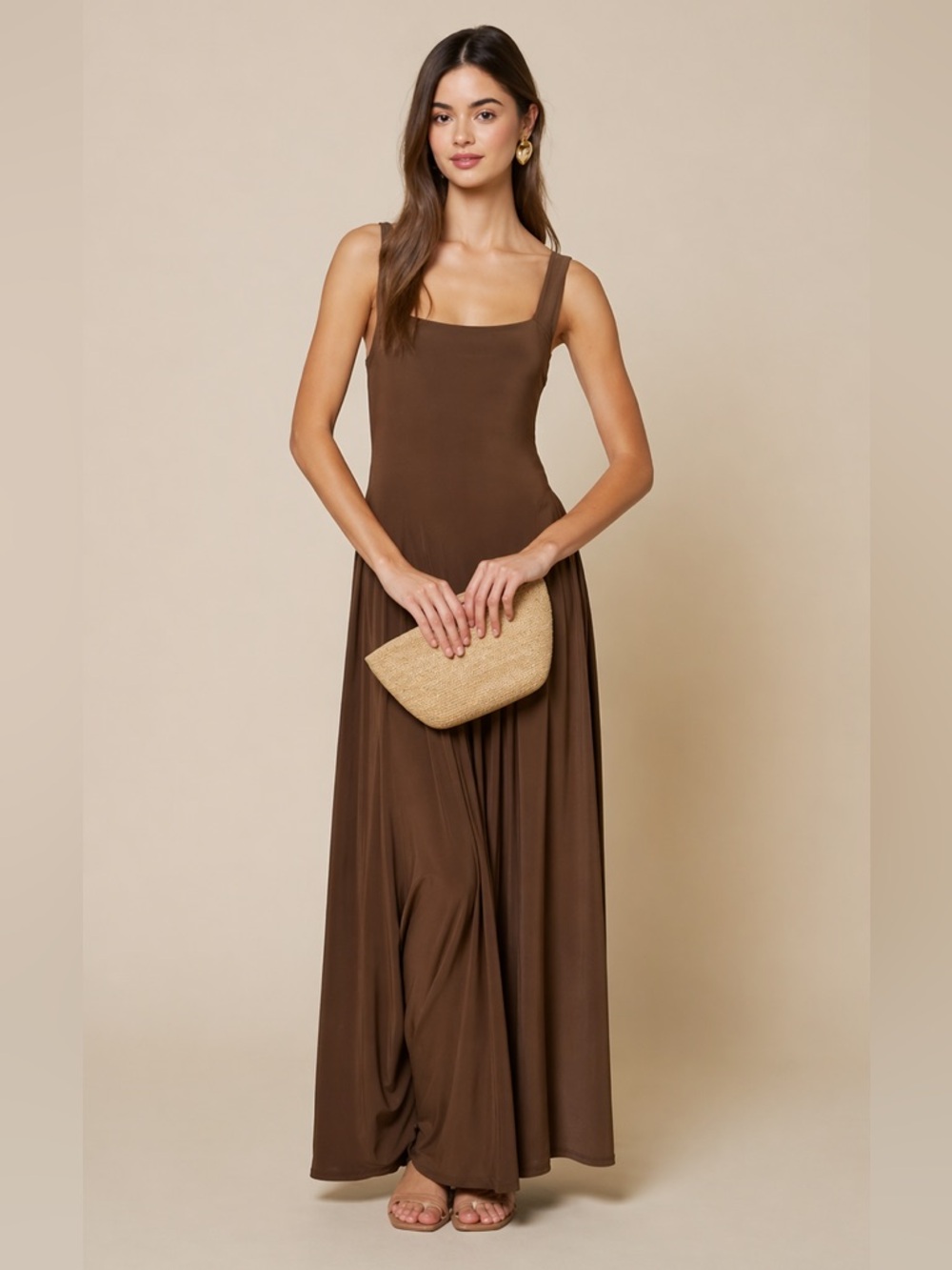 Effortlessly Chic Jersey Maxi Sleeveless Dress in Brown